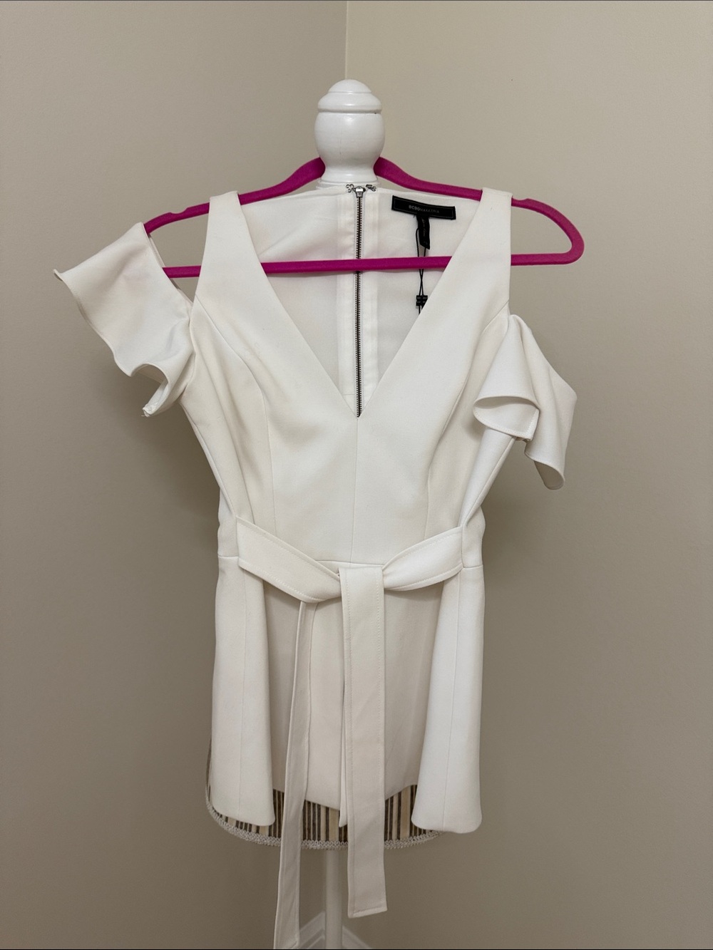 BCBG Elegant White Cold-Shoulder Belted Top